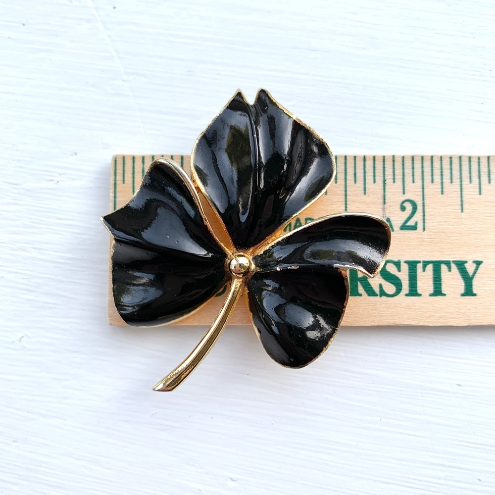 Vintage Torino black enamel golden leaf brooch pin signed - Picture 14 of 16